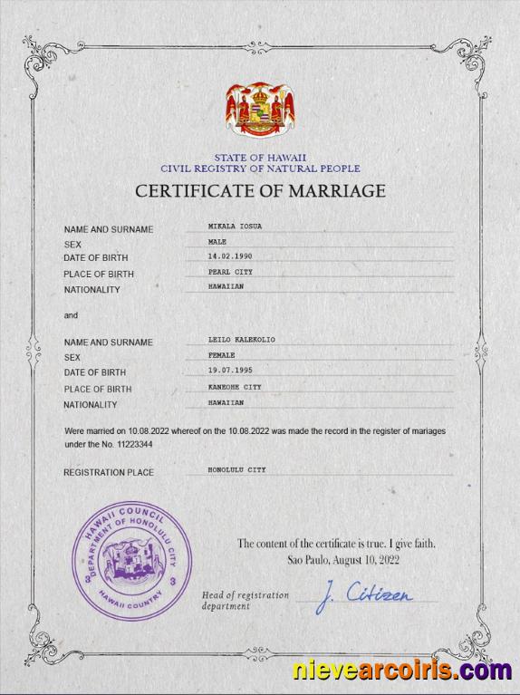 Hawaii marriage certificate